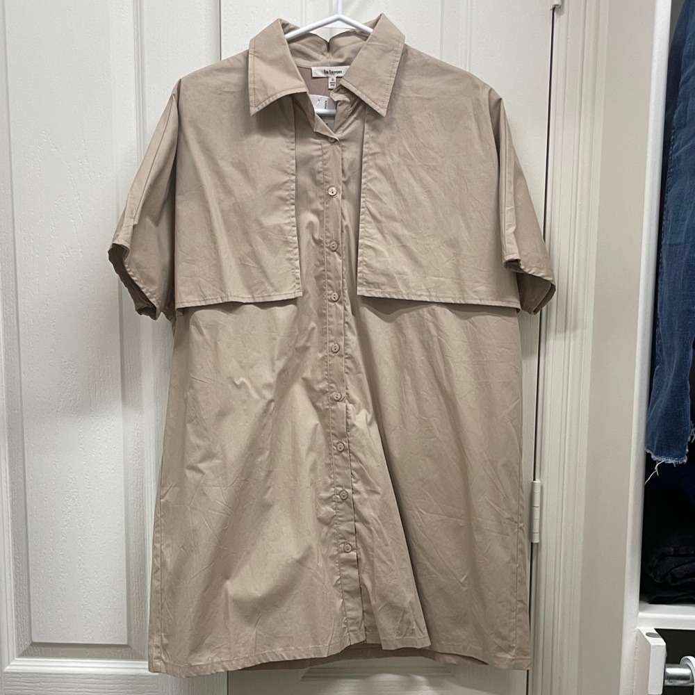 La Lavon Tan Short Sleeve Button-Up trench dress